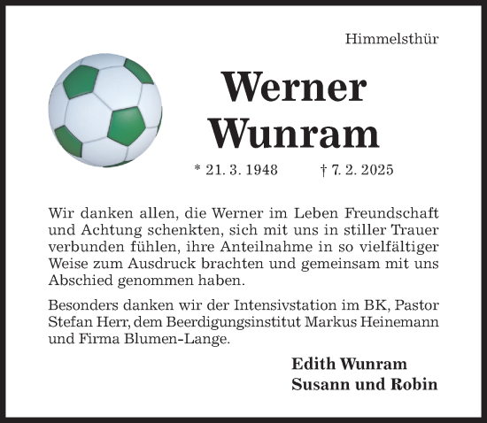 Traueranzeige von Werner Wunram von Hildesheimer Allgemeine Zeitung
