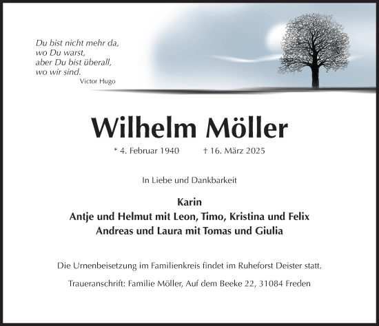 Traueranzeige von Wilhelm Möller von Hildesheimer Allgemeine Zeitung
