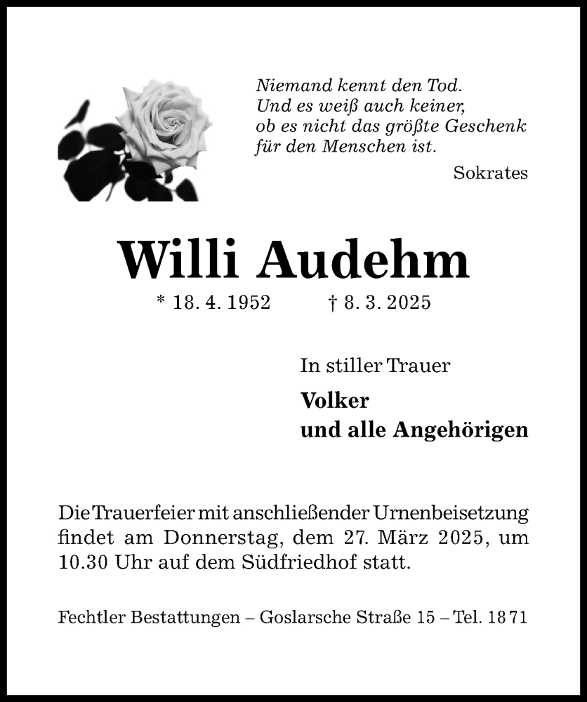  Traueranzeige für Willi Audehm vom 19.03.2025 aus Hildesheimer Allgemeine Zeitung