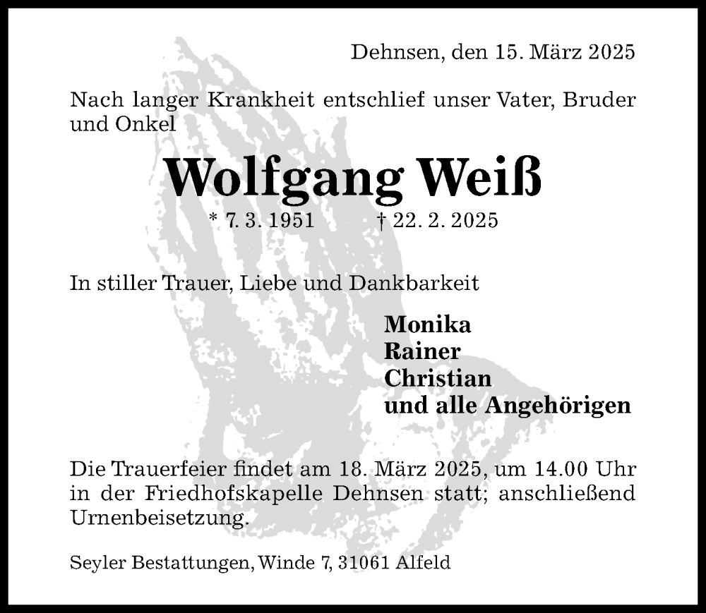  Traueranzeige für Wolfgang Weiß vom 15.03.2025 aus Hildesheimer Allgemeine Zeitung