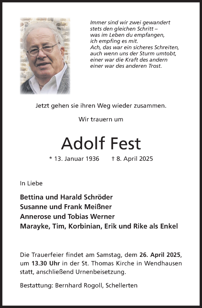  Traueranzeige für Adolf Fest vom 16.04.2025 aus Hildesheimer Allgemeine Zeitung