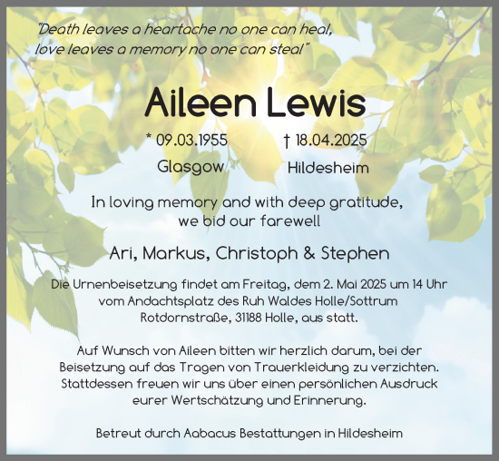 Traueranzeige von Aileen Lewis von Hildesheimer Allgemeine Zeitung