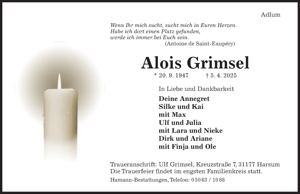  Traueranzeige für Alois Grimsel vom 09.04.2025 aus Hildesheimer Allgemeine Zeitung
