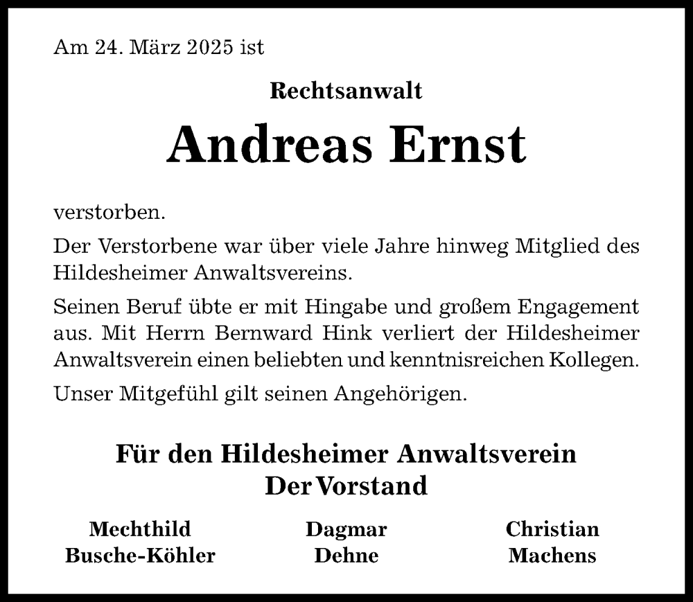  Traueranzeige für Andreas Ernst vom 05.04.2025 aus Hildesheimer Allgemeine Zeitung