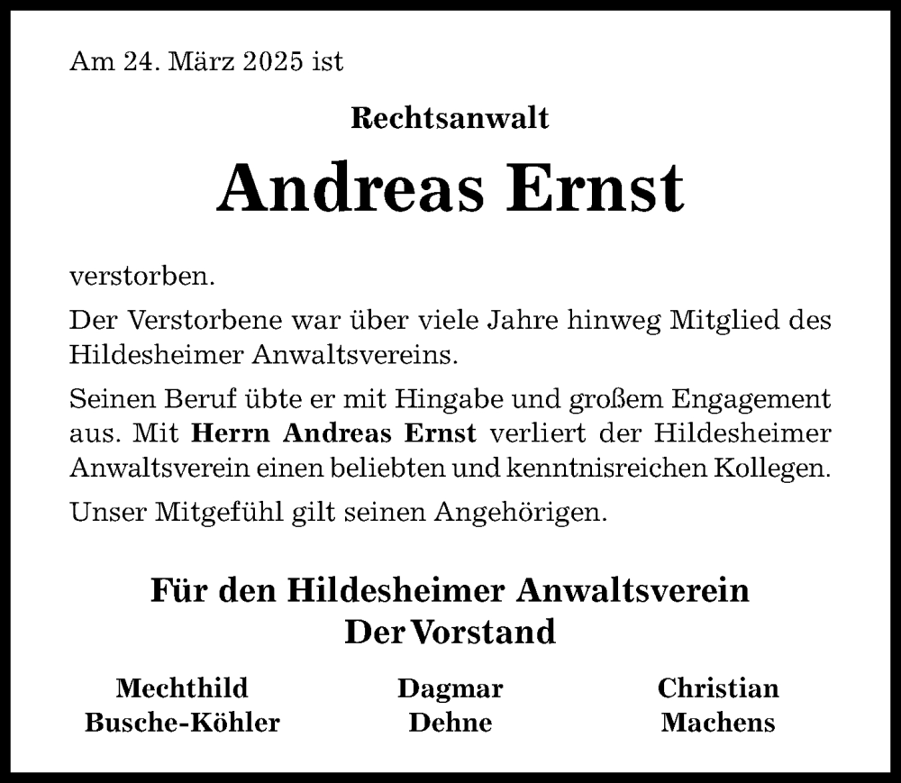  Traueranzeige für Andreas Ernst vom 09.04.2025 aus Hildesheimer Allgemeine Zeitung