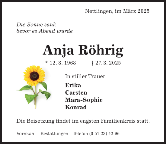 Traueranzeige von Anja Röhrig von Hildesheimer Allgemeine Zeitung