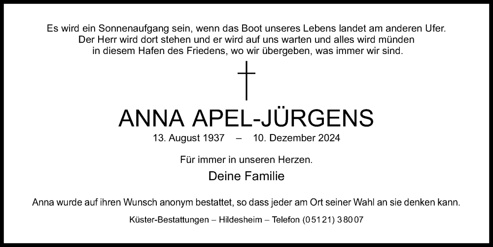  Traueranzeige für Anna Apel-Jürgens vom 19.04.2025 aus Hildesheimer Allgemeine Zeitung