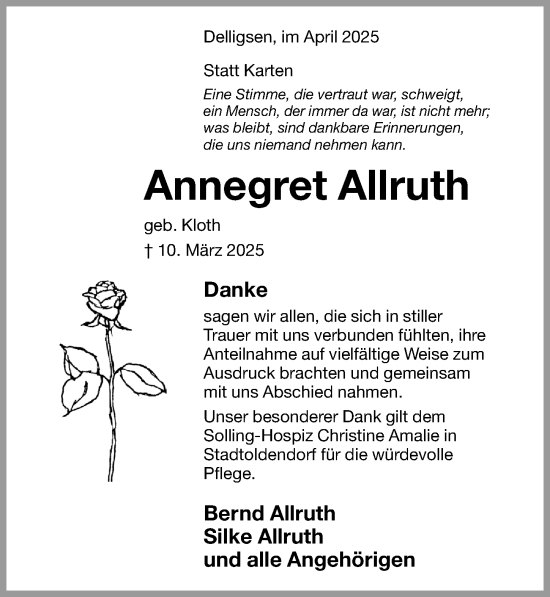 Traueranzeige von Annegret Allruth von Hildesheimer Allgemeine Zeitung