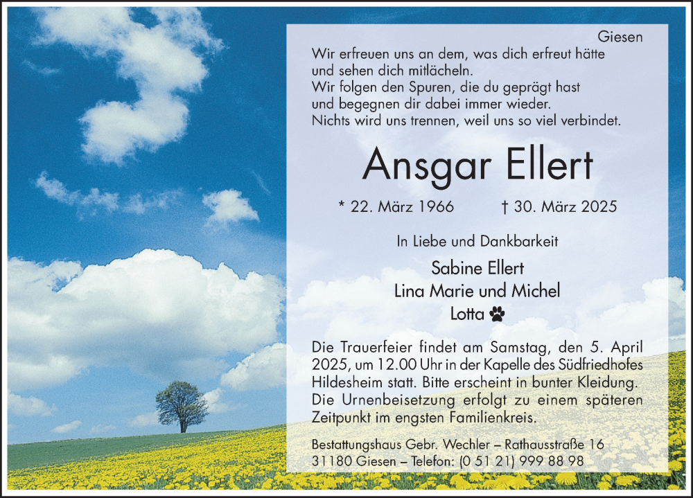  Traueranzeige für Ansgar Ellert vom 02.04.2025 aus Hildesheimer Allgemeine Zeitung
