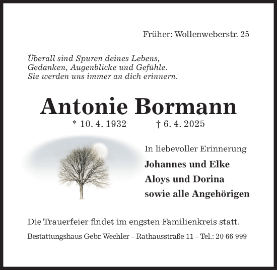 Traueranzeige von Antonie Bormann von Hildesheimer Allgemeine Zeitung