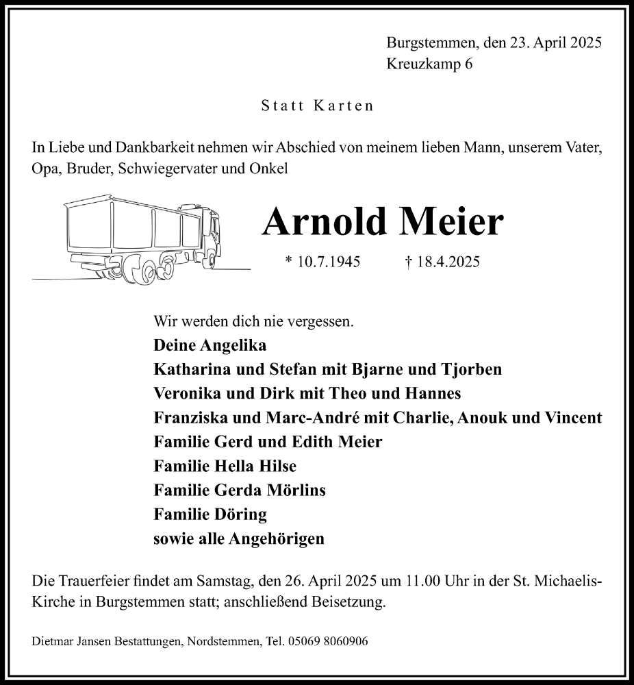  Traueranzeige für Arnold Meier vom 23.04.2025 aus Hildesheimer Allgemeine Zeitung
