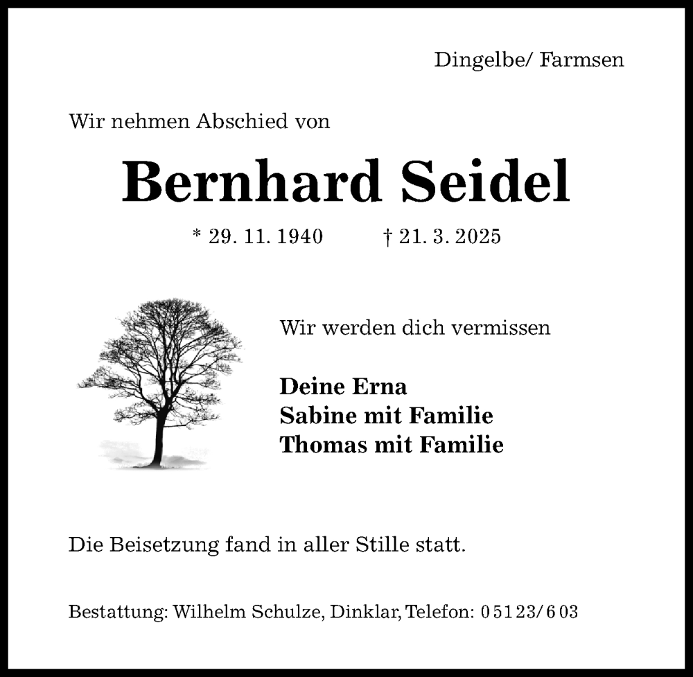  Traueranzeige für Bernhard Seidel vom 17.04.2025 aus Hildesheimer Allgemeine Zeitung
