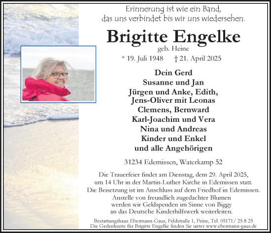 Traueranzeige von Brigitte Engelke von Hildesheimer Allgemeine Zeitung