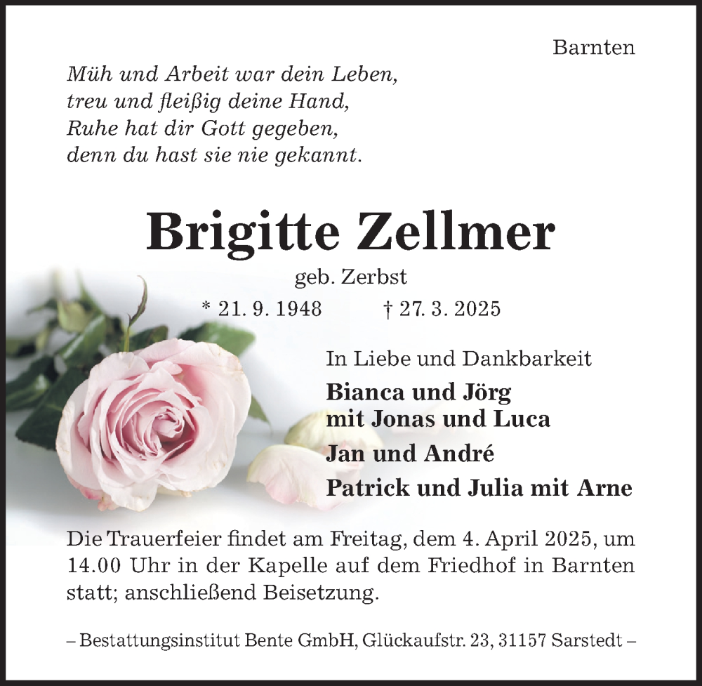 Traueranzeige für Brigitte Zellmer vom 02.04.2025 aus Hildesheimer Allgemeine Zeitung