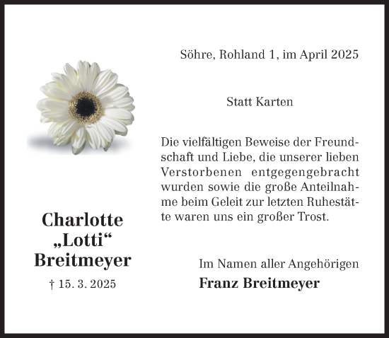 Traueranzeige von Charlotte  Breitmeyer von Hildesheimer Allgemeine Zeitung