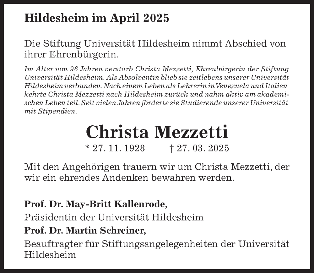  Traueranzeige für Christa Mezzetti vom 09.04.2025 aus Hildesheimer Allgemeine Zeitung