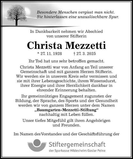 Traueranzeige von Christa Mezzetti von Hildesheimer Allgemeine Zeitung