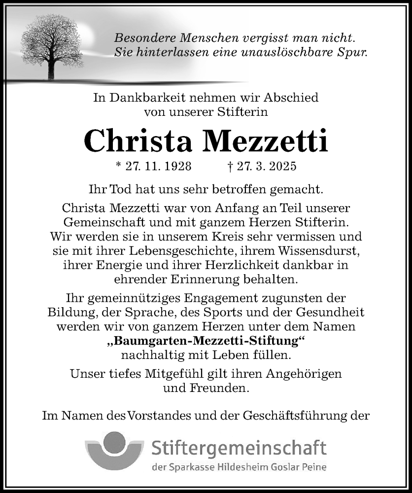  Traueranzeige für Christa Mezzetti vom 05.04.2025 aus Hildesheimer Allgemeine Zeitung