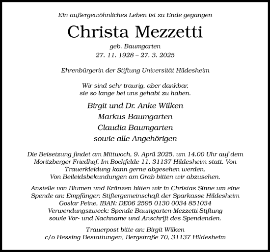 Traueranzeige von Christa Mezzetti von Hildesheimer Allgemeine Zeitung