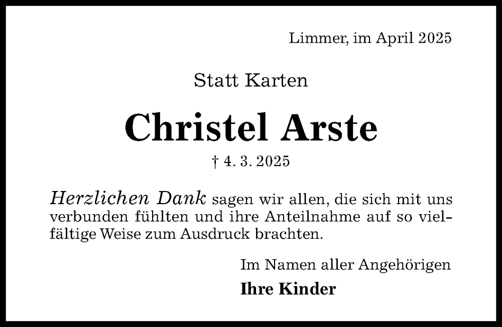  Traueranzeige für Christel Arste vom 19.04.2025 aus Hildesheimer Allgemeine Zeitung