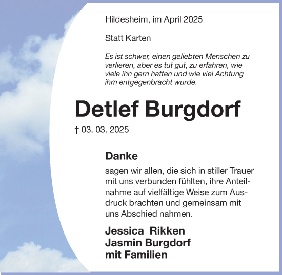 Traueranzeige von Detlef Burgdorf von Hildesheimer Allgemeine Zeitung