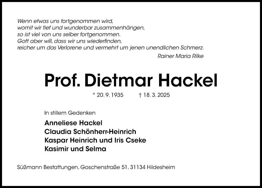  Traueranzeige für Dietmar Hackel vom 02.04.2025 aus Hildesheimer Allgemeine Zeitung
