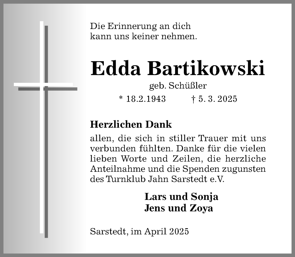  Traueranzeige für Edda Bartikowski vom 26.04.2025 aus Hildesheimer Allgemeine Zeitung