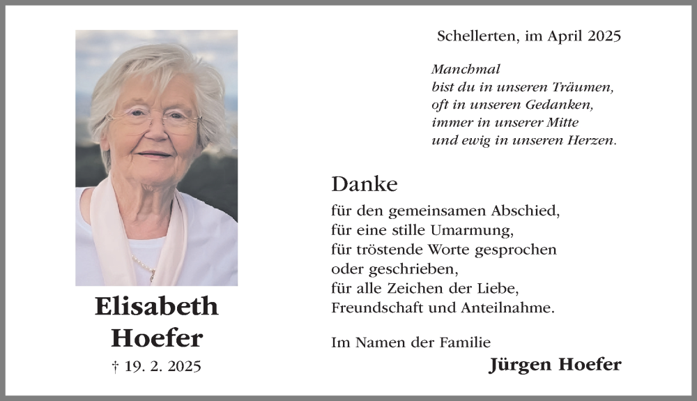  Traueranzeige für Elisabeth Hoefer vom 09.04.2025 aus Hildesheimer Allgemeine Zeitung