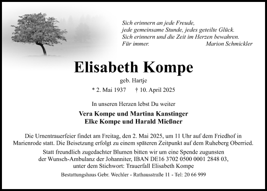 Traueranzeige von Elisabeth Kompe von Hildesheimer Allgemeine Zeitung