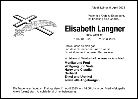 Traueranzeige von Elisabeth Langner von Hildesheimer Allgemeine Zeitung