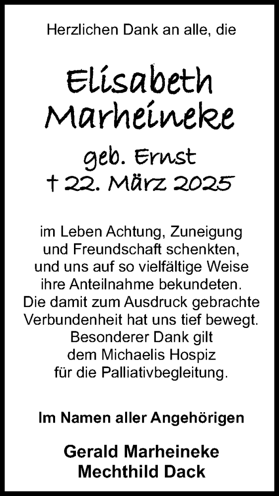  Traueranzeige für Elisabeth Marheineke vom 16.04.2025 aus Hildesheimer Allgemeine Zeitung