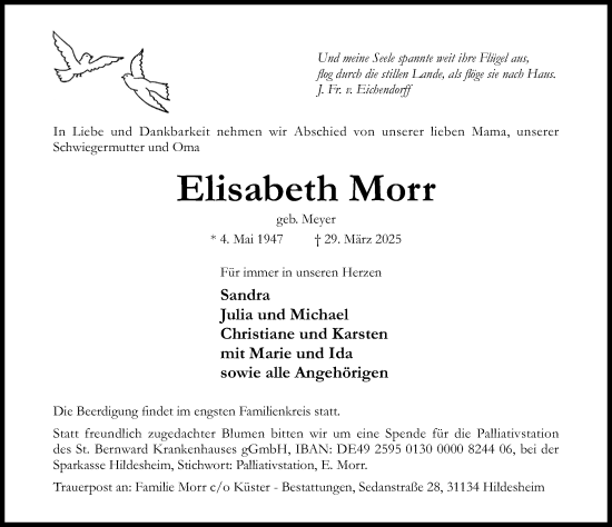 Traueranzeige von Elisabeth Morr von Hildesheimer Allgemeine Zeitung