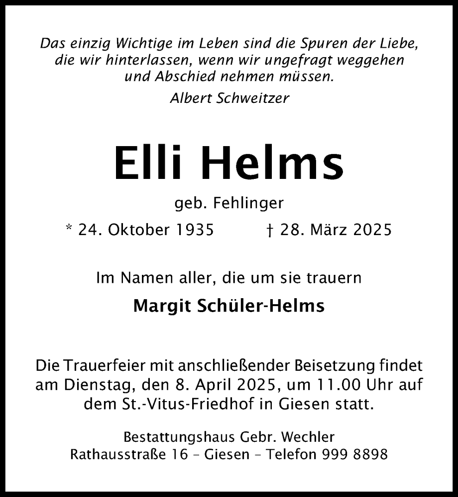  Traueranzeige für Elli Helms vom 02.04.2025 aus Hildesheimer Allgemeine Zeitung