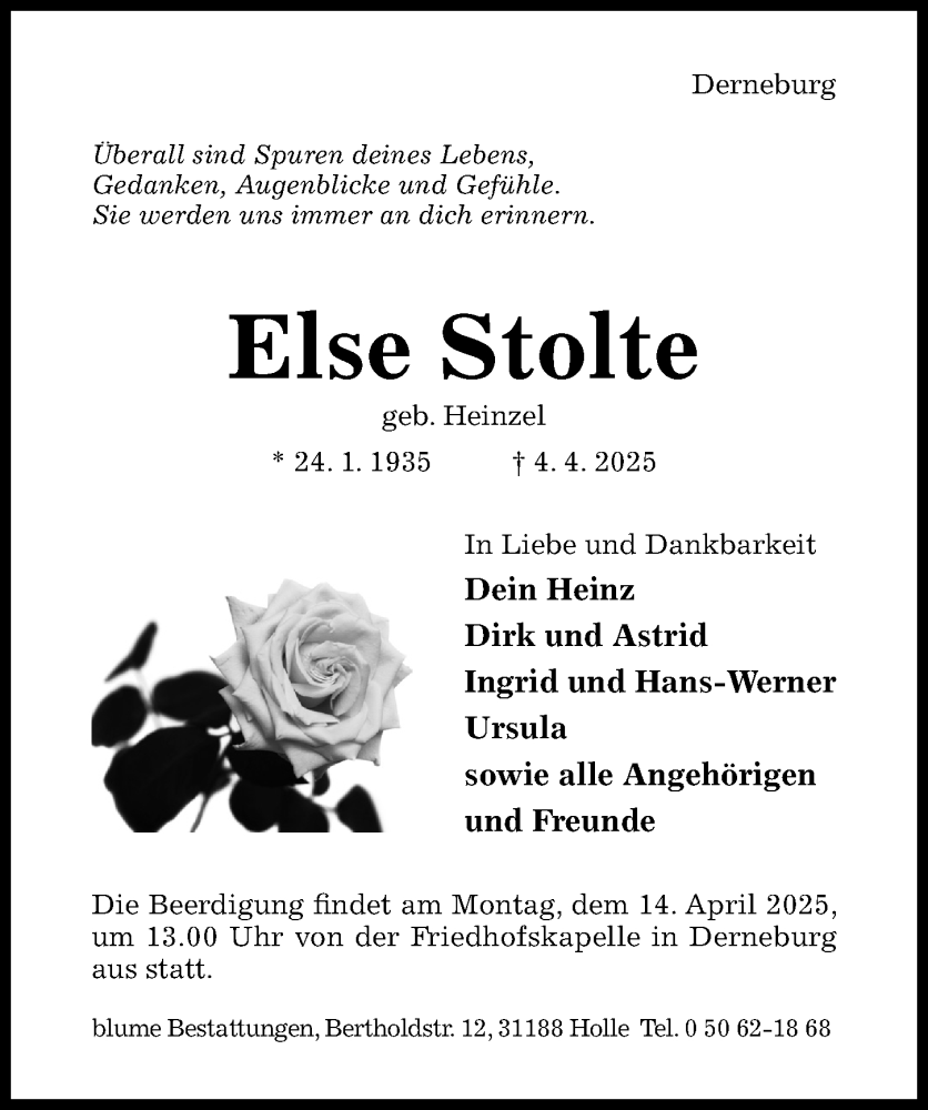  Traueranzeige für Else Stolte vom 09.04.2025 aus Hildesheimer Allgemeine Zeitung