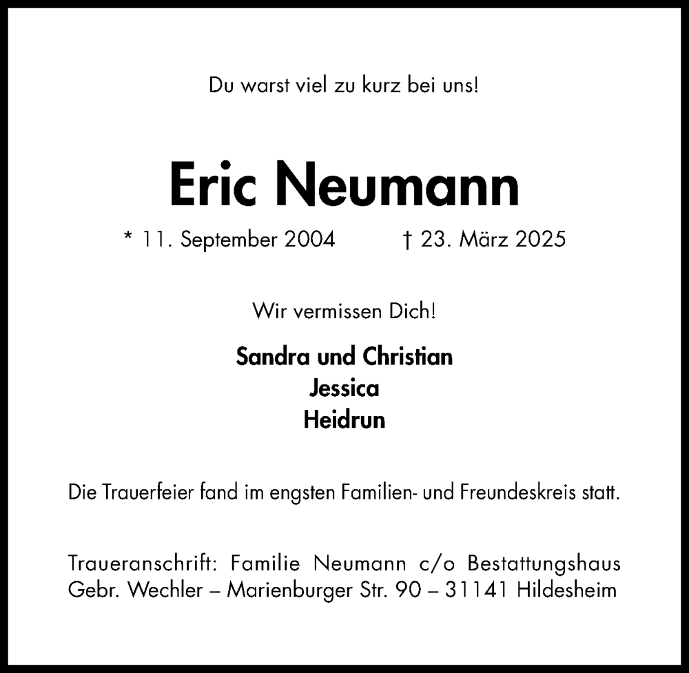  Traueranzeige für Eric Neumann vom 12.04.2025 aus Hildesheimer Allgemeine Zeitung