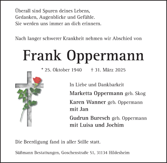 Traueranzeige von Frank Oppermann von Hildesheimer Allgemeine Zeitung