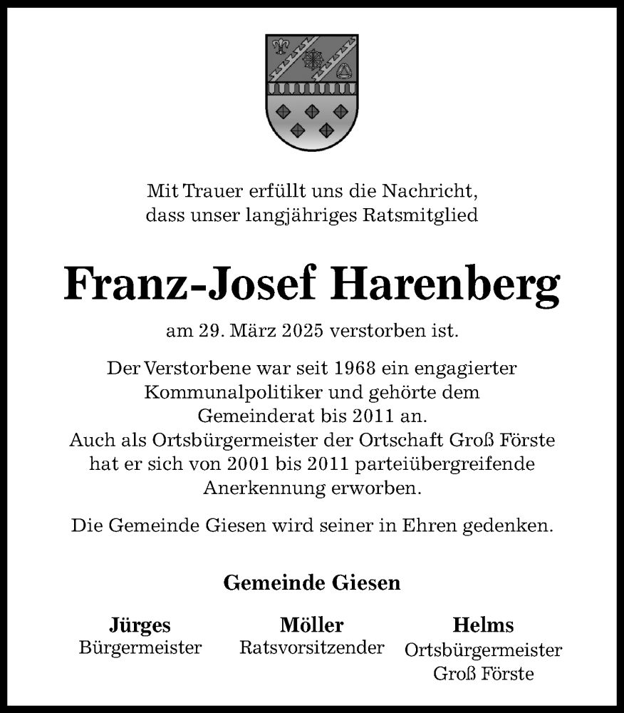  Traueranzeige für Franz-Josef Harenberg vom 05.04.2025 aus Hildesheimer Allgemeine Zeitung
