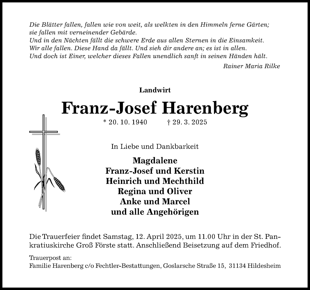  Traueranzeige für Franz-Josef Harenberg vom 05.04.2025 aus Hildesheimer Allgemeine Zeitung