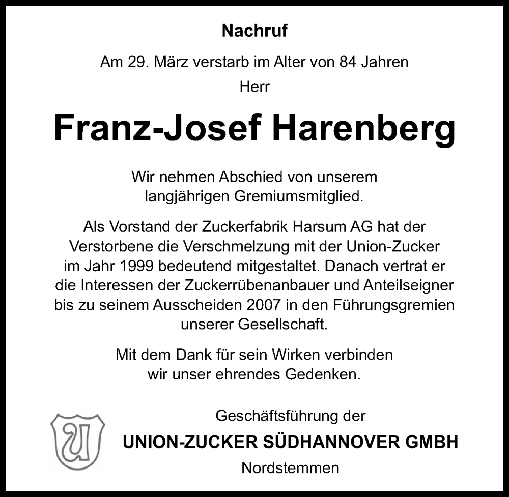  Traueranzeige für Franz-Josef Harenberg vom 05.04.2025 aus Hildesheimer Allgemeine Zeitung