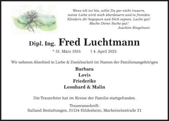Traueranzeige von Fred Luchtmann von Hildesheimer Allgemeine Zeitung