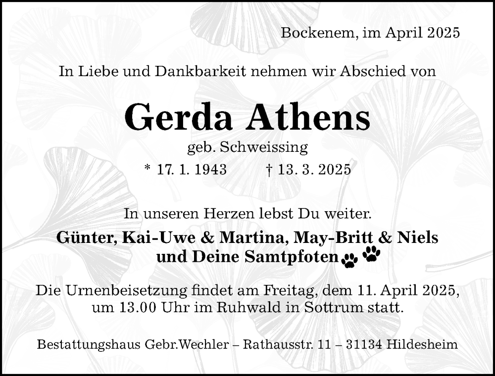  Traueranzeige für Gerda Athens vom 09.04.2025 aus Hildesheimer Allgemeine Zeitung