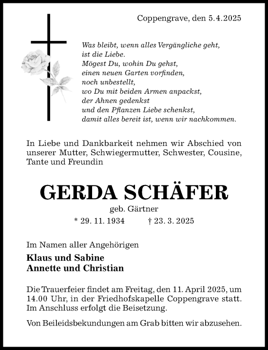 Traueranzeige von Gerda Schäfer von Hildesheimer Allgemeine Zeitung