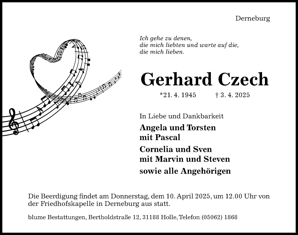  Traueranzeige für Gerhard Czech vom 05.04.2025 aus Hildesheimer Allgemeine Zeitung