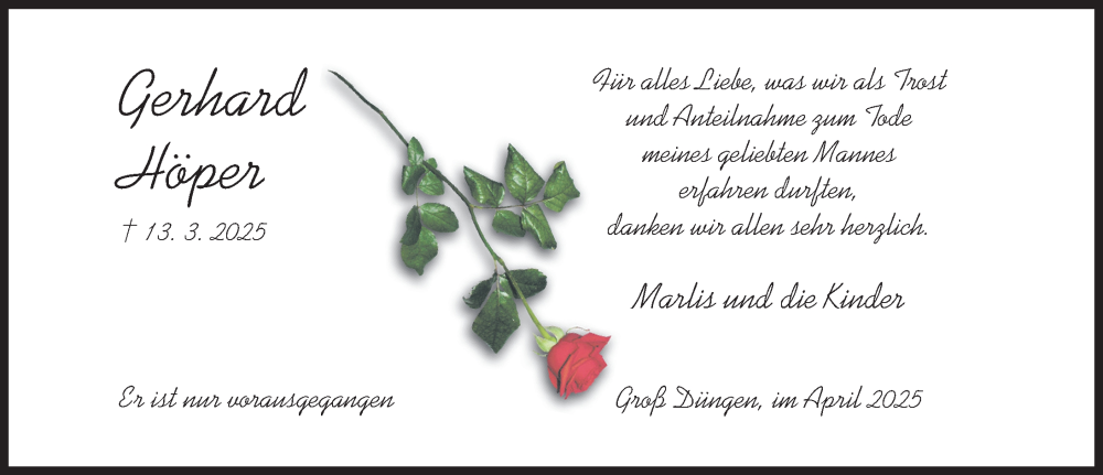 Traueranzeige für Gerhard Höper vom 26.04.2025 aus Hildesheimer Allgemeine Zeitung