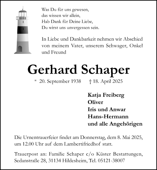 Traueranzeige von Gerhard Schaper von Hildesheimer Allgemeine Zeitung