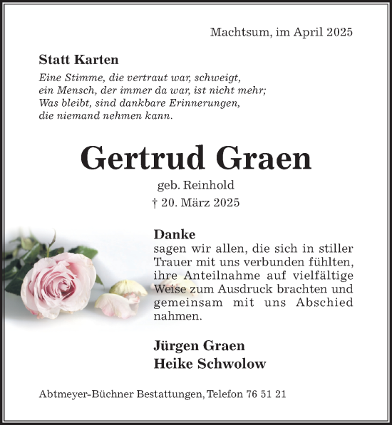 Traueranzeige von Gertrud Graen von Hildesheimer Allgemeine Zeitung