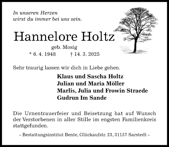 Traueranzeige von Hannelore Holtz von Hildesheimer Allgemeine Zeitung
