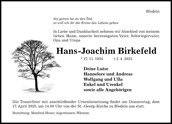 Traueranzeige von Hans-Joachim Birkefeld von Hildesheimer Allgemeine Zeitung