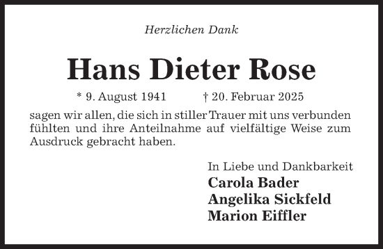 Traueranzeige von Hans Dieter Rose von Hildesheimer Allgemeine Zeitung