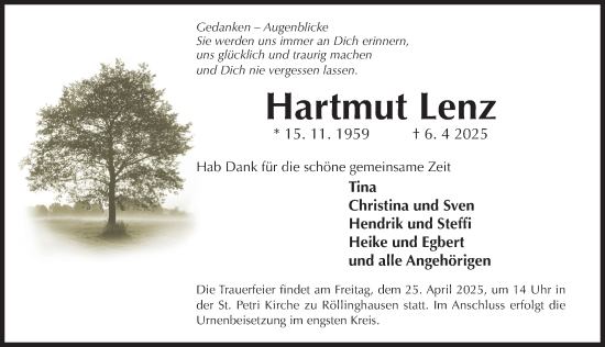 Traueranzeige von Hartmut Lenz von Hildesheimer Allgemeine Zeitung